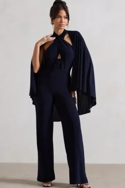 Lourdes | Navy Halter-Neck Straight-Leg Jumpsuit With Cape
