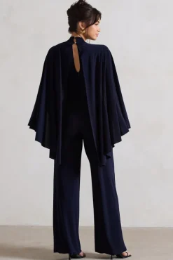 Lourdes | Navy Halter-Neck Straight-Leg Jumpsuit With Cape