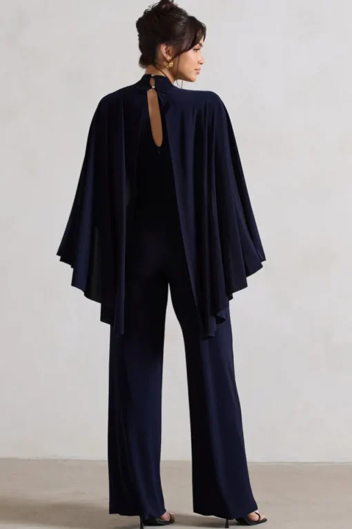 Lourdes | Navy Halter-Neck Straight-Leg Jumpsuit With Cape