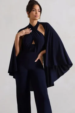 Lourdes | Navy Halter-Neck Straight-Leg Jumpsuit With Cape