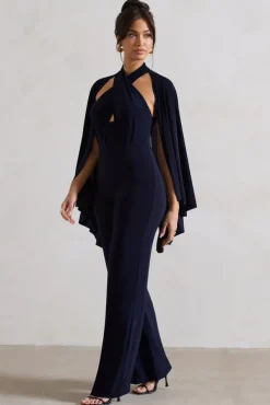 Lourdes | Navy Halter-Neck Straight-Leg Jumpsuit With Cape