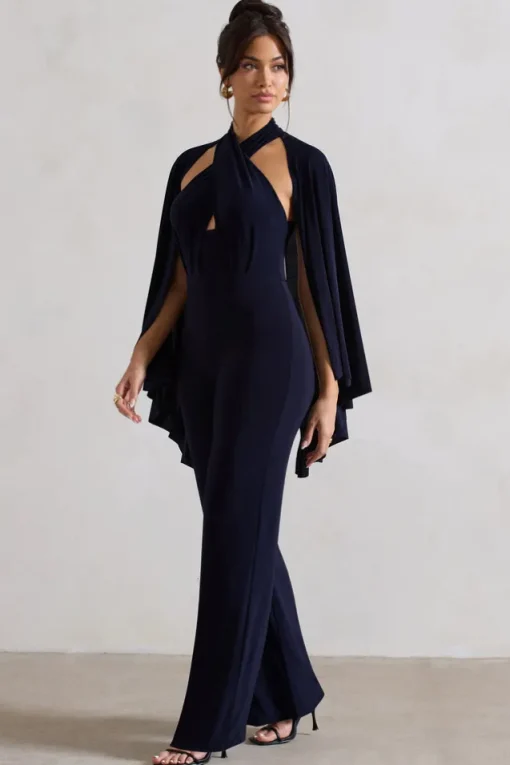 Lourdes | Navy Halter-Neck Straight-Leg Jumpsuit With Cape