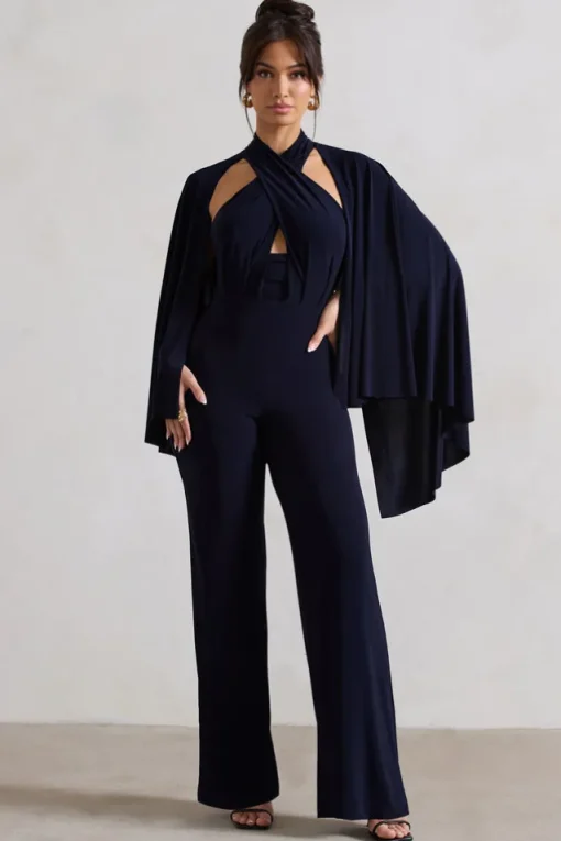 Lourdes | Navy Halter-Neck Straight-Leg Jumpsuit With Cape