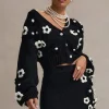 Louvre | Black u0026 White Knit Cropped Floral Cardigan