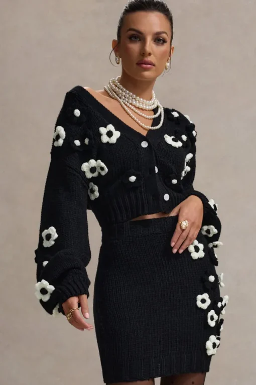 Louvre | Black u0026 White Knit Cropped Floral Cardigan