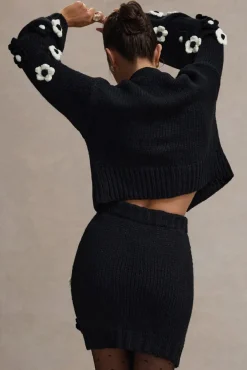Louvre | Black u0026 White Knit Cropped Floral Cardigan