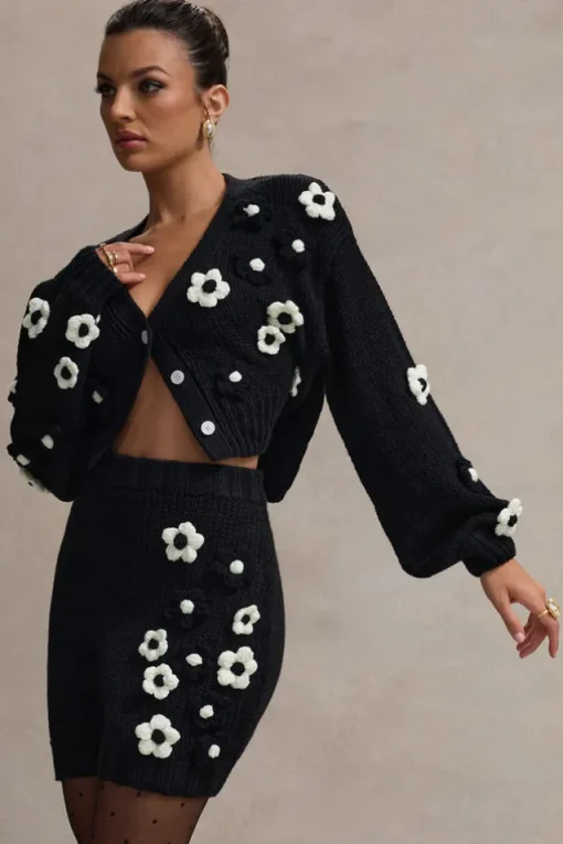 Louvre | Black u0026 White Knit Cropped Floral Cardigan