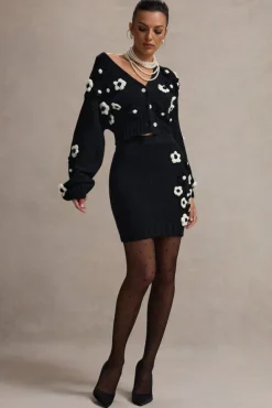 Louvre | Black u0026 White Knit Cropped Floral Cardigan