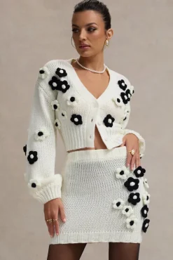 Louvre | Cream u0026 Black Knit Cropped Floral Cardigan