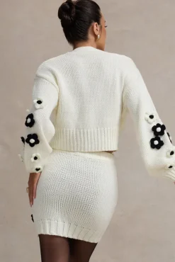 Louvre | Cream u0026 Black Knit Cropped Floral Cardigan