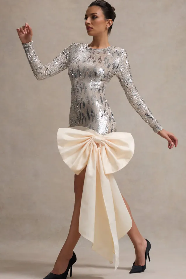Love Galore | Off-White Sequin Mini Dress With Oversized Satin Bow