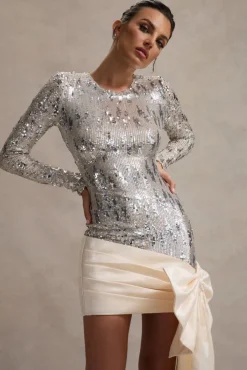 Love Galore | Off-White Sequin Mini Dress With Oversized Satin Bow