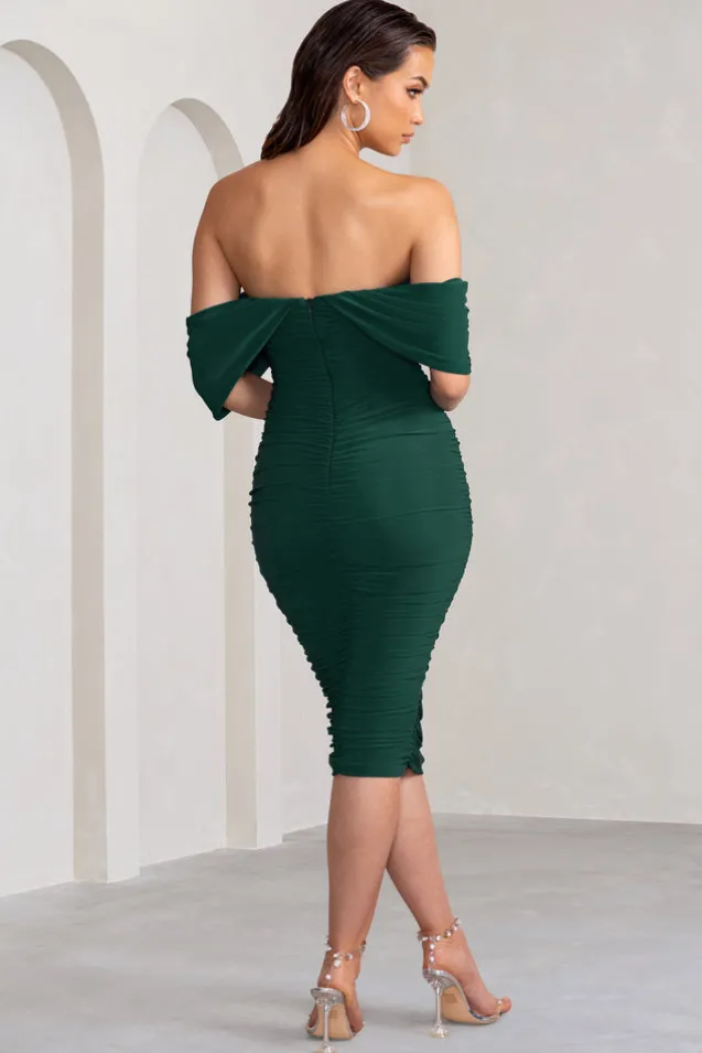 Love Me | Bottle Green Off The Shoulders Ruched Midi Dress
