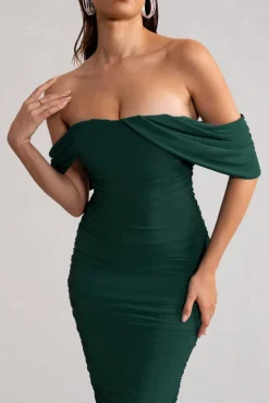Love Me | Bottle Green Off The Shoulders Ruched Midi Dress