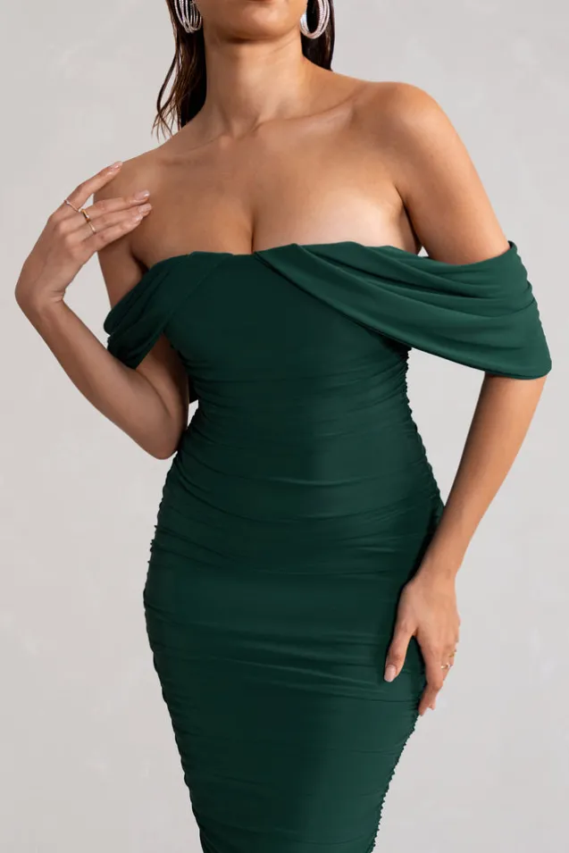Love Me | Bottle Green Off The Shoulders Ruched Midi Dress