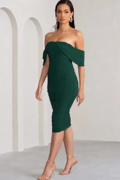 Love Me | Bottle Green Off The Shoulders Ruched Midi Dress