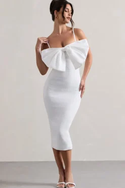 Love Poem | White Bodycon Midi Dress With Oversized Bow