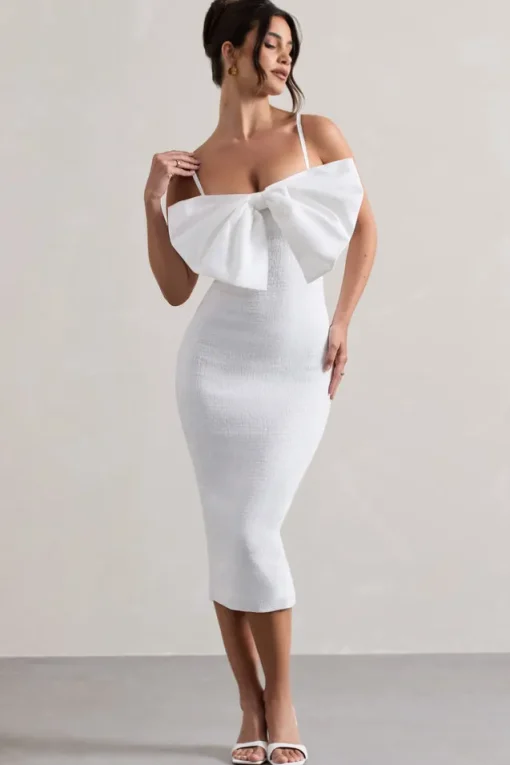 Love Poem | White Bodycon Midi Dress With Oversized Bow
