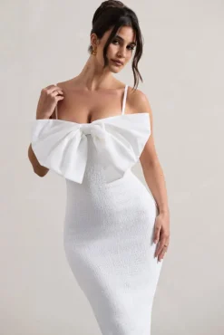 Love Poem | White Bodycon Midi Dress With Oversized Bow