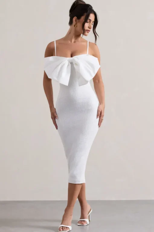 Love Poem | White Bodycon Midi Dress With Oversized Bow