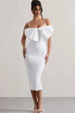 Love Poem | White Bodycon Midi Dress With Oversized Bow