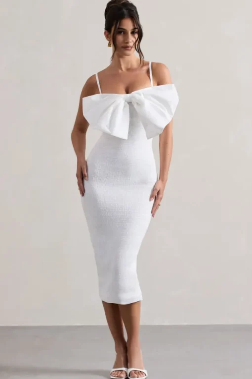 Love Poem | White Bodycon Midi Dress With Oversized Bow