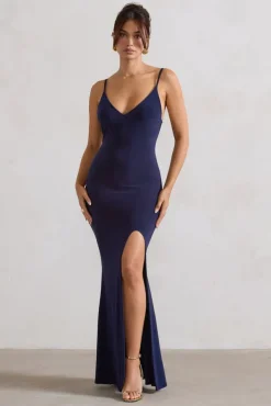 Love Shy | Navy Plunge Neck Maxi Dress With Split Detail