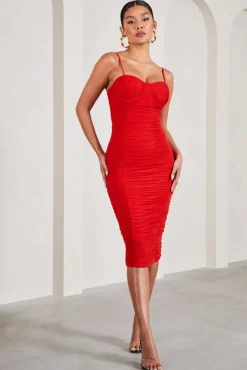 Love Tapes | Red Corset Mesh Midi Dress