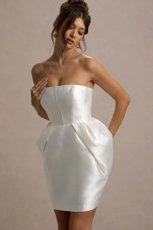 Lovebug | Ivory Bandeau Mini Dress With Tulip Skirt