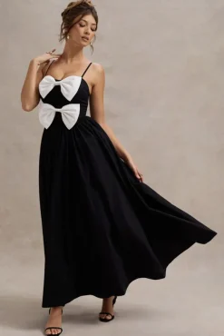 Loved Up | Black Strappy Pleated Maxi Dress With Bows