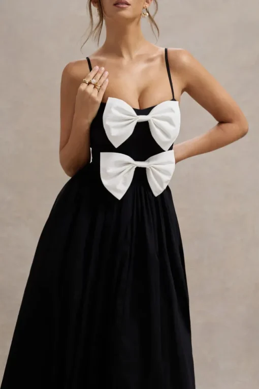 Loved Up | Black Strappy Pleated Maxi Dress With Bows