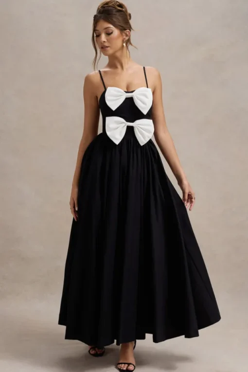 Loved Up | Black Strappy Pleated Maxi Dress With Bows