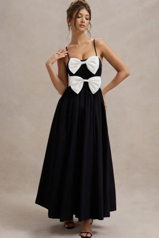 Loved Up | Black Strappy Pleated Maxi Dress With Bows