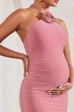 Loving | Blush Pink Halter-Neck Maternity Maxi Dress With Flower Corsage