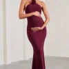 Loving | Burgundy Halter-Neck Maternity Maxi Dress With Flower Corsage