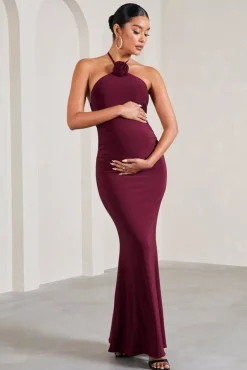 Loving | Burgundy Halter-Neck Maternity Maxi Dress With Flower Corsage