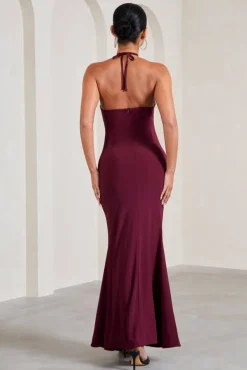 Loving | Burgundy Halter-Neck Maternity Maxi Dress With Flower Corsage