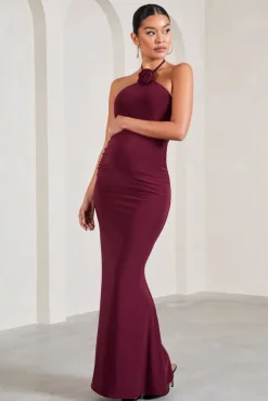 Loving | Burgundy Halter-Neck Maternity Maxi Dress With Flower Corsage