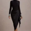 Luanna | Black Satin Long-Sleeve Midi Dress With Draped Skirt