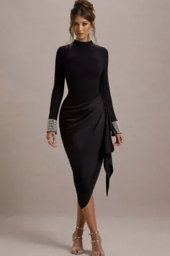 Luanna | Black Satin Long-Sleeve Midi Dress With Draped Skirt