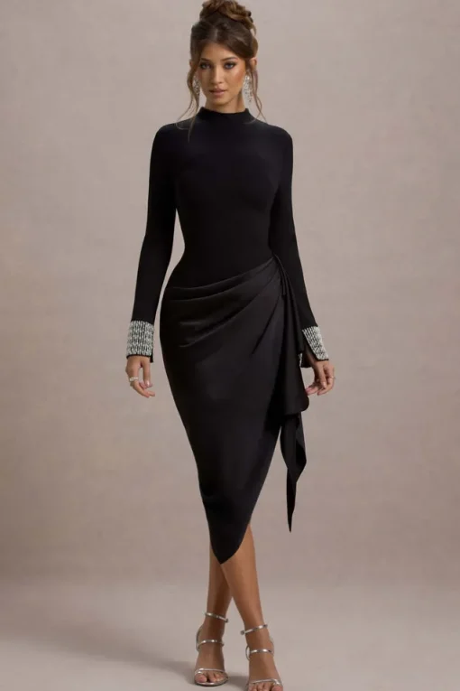 Luanna | Black Satin Long-Sleeve Midi Dress With Draped Skirt