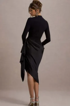 Luanna | Black Satin Long-Sleeve Midi Dress With Draped Skirt