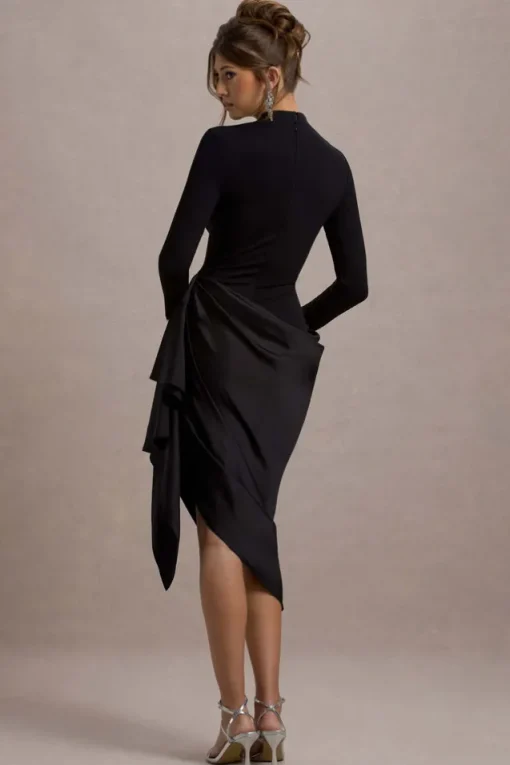 Luanna | Black Satin Long-Sleeve Midi Dress With Draped Skirt