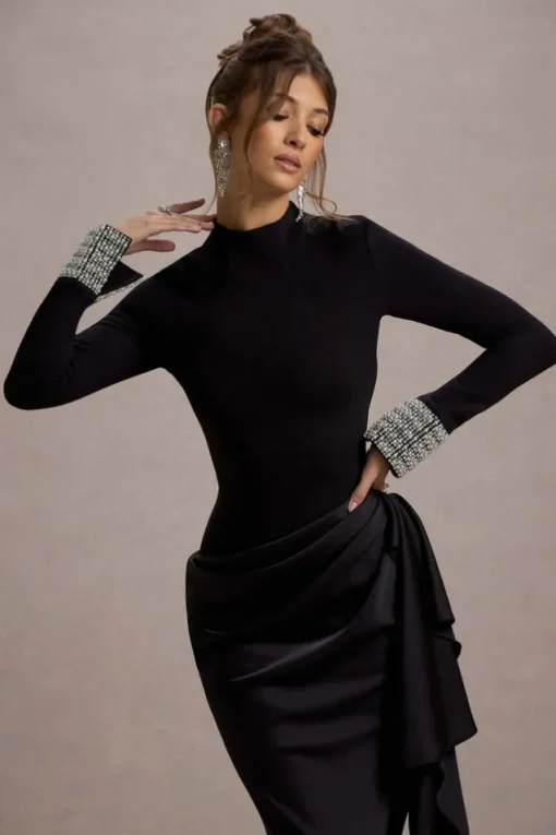 Luanna | Black Satin Long-Sleeve Midi Dress With Draped Skirt