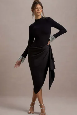 Luanna | Black Satin Long-Sleeve Midi Dress With Draped Skirt