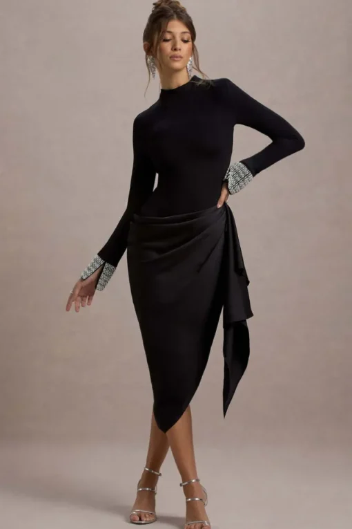 Luanna | Black Satin Long-Sleeve Midi Dress With Draped Skirt