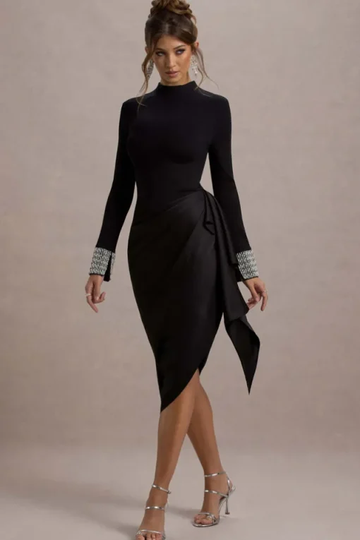Luanna | Black Satin Long-Sleeve Midi Dress With Draped Skirt