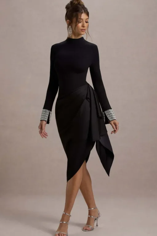 Luanna | Black Satin Long-Sleeve Midi Dress With Draped Skirt