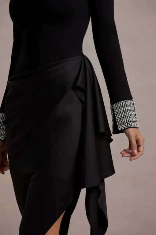 Luanna | Black Satin Long-Sleeve Midi Dress With Draped Skirt