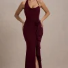 Lucena | Burgundy Cowl-Neck Wrap Maxi Dress With Floral Drape